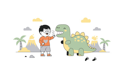 Boy interacting with a cartoon dinosaur in a prehistoric landscape.