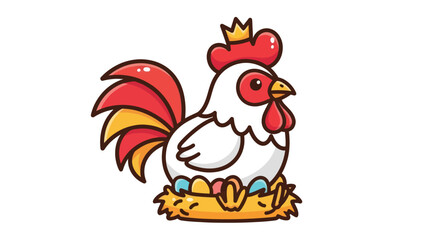 Cute cartoon hen with a crown sitting on colorful eggs in a nest.