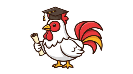 Cartoon rooster wearing graduation cap and holding a diploma