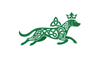 Green celtic dog with crown and knotwork design running