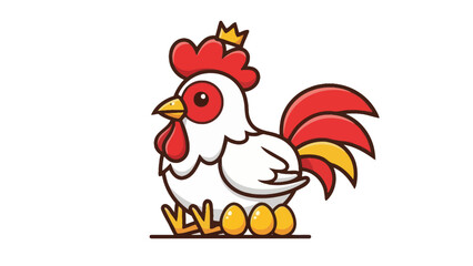 Charming Cartoon Rooster with Golden Crown and Eggs