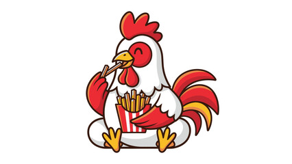 Happy cartoon chicken enjoying french fries with chopsticks