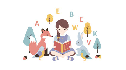 Girl reading book with fox, rabbit, birds and alphabet