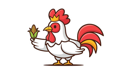 Cartoon rooster wearing a crown and holding a corn cob.