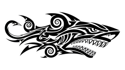 Tribal shark tattoo with sharp teeth and aggressive expression.
