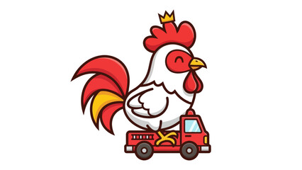 Cute cartoon chicken with a crown on a fire truck