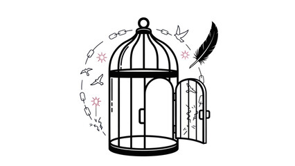 Bird cage with open door and flying birds