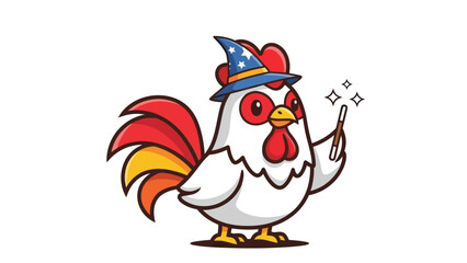 A cute cartoon rooster wearing a wizard hat and holding a magic wand.