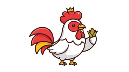 A cute cartoon rooster with a crown holds a cob of corn.