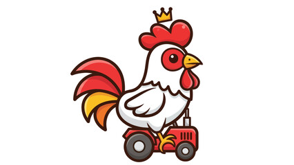 Cartoon rooster with crown riding a tractor