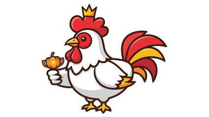 Rooster wearing a crown and holding a pumpkin trophy.