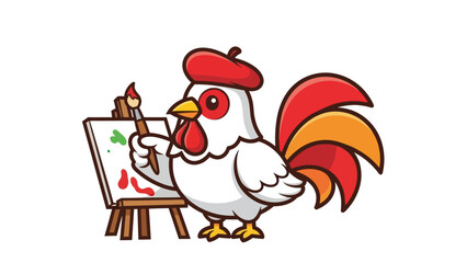 Cute rooster artist painting on a canvas