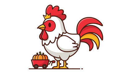 Friendly Rooster Illustration with Autumn Pumpkins in Wagon
