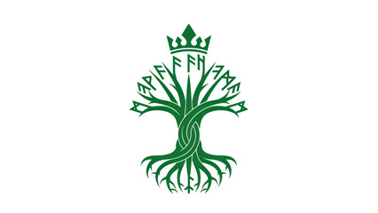 Green crowned Celtic tree symbol on white background.