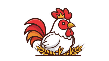 Cartoon rooster wearing a crown sits in a wheat field.