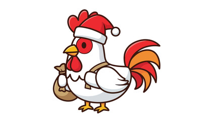 Cute cartoon rooster wearing Santa hat and carrying a gift sack for Christmas.