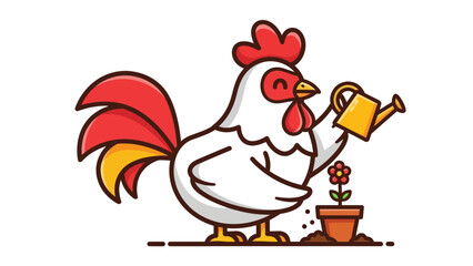 Cute cartoon rooster watering a flower in a pot.