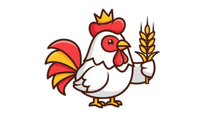Cartoon rooster wearing a crown and holding a wheat stalk.