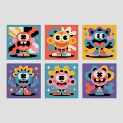 Vibrant abstract cartoon characters with bold geometric patterns