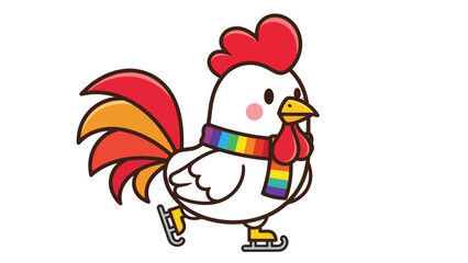 Cute cartoon rooster wearing a rainbow scarf and ice skates