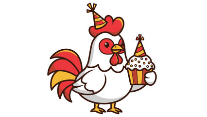 Cartoon chicken wearing a party hat holding a cupcake