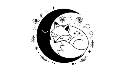 Cute fox sleeping on the moon with stars and trees