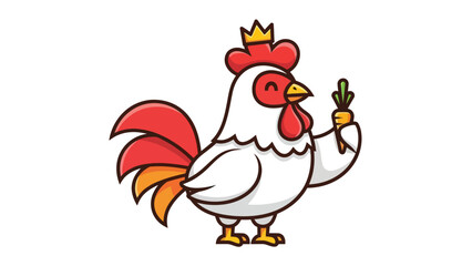 Cute cartoon rooster king holding a carrot on a white background.