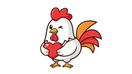 Cute cartoon rooster winking and holding a red heart.