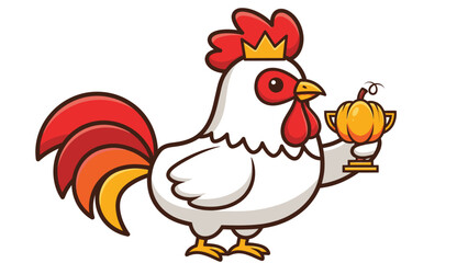 Cartoon Rooster King Holding a Pumpkin Trophy