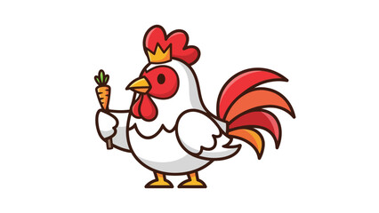 Cute cartoon rooster wearing a crown and holding a carrot