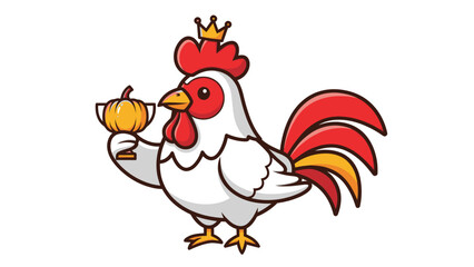 Cartoon rooster wearing a crown and holding a pumpkin trophy