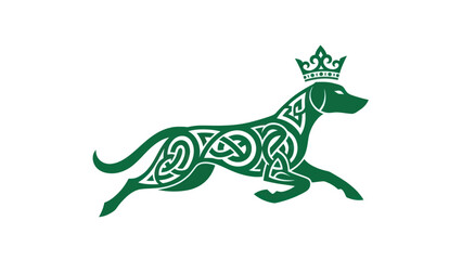 Green Celtic dog wearing a crown, isolated on white