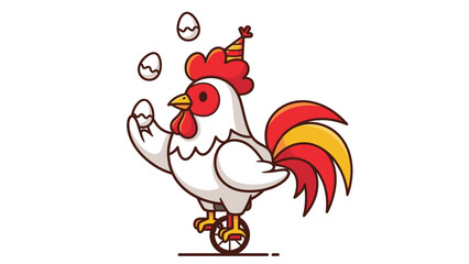 Funny rooster juggling eggs while riding a unicycle wearing a party hat
