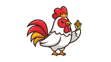 Cartoon rooster king holding an ear of corn on white background.