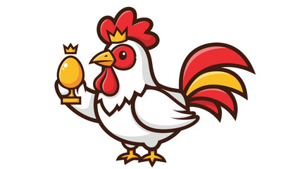 A cartoon rooster wearing a crown holds a golden egg.