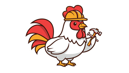 Cartoon rooster in a hard hat holding a hammer