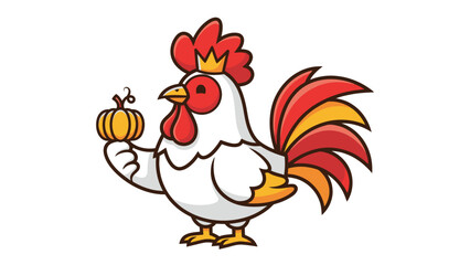 Cartoon rooster wearing a crown holds a pumpkin.