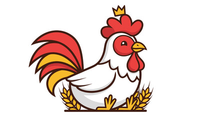 A cute cartoon rooster wearing a crown and sitting among wheat stalks.