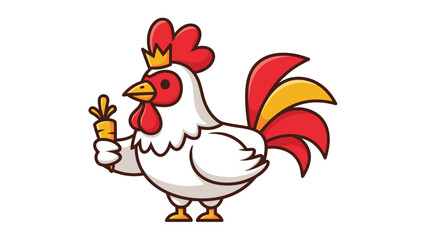 A cute cartoon rooster character wearing a crown and holding a carrot.