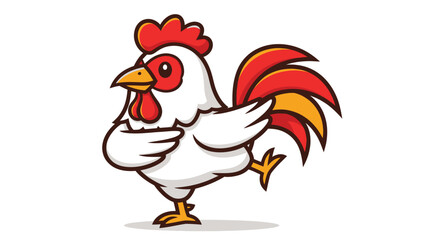 A cartoon rooster with a funny pose and a red comb.