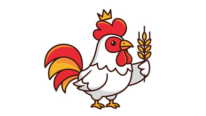 Cute cartoon rooster wearing a crown and holding a wheat stalk.