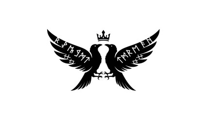 Viking raven emblem with runes and crown on white background