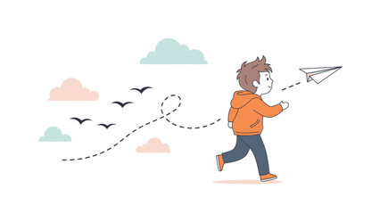 Boy running and launching a paper airplane with birds and clouds