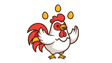 Funny cartoon chicken juggling golden eggs