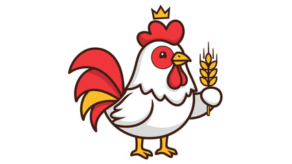 Cartoon rooster wearing a crown and holding a wheat stalk.