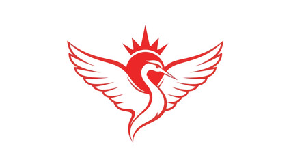 Elegant red crane with wings and crown logo on white background