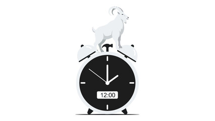 A white goat standing on a classic alarm clock.