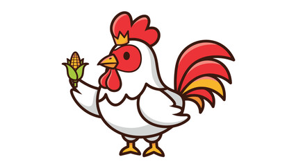 Cartoon rooster wearing a crown and holding a cob of corn.