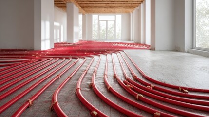 Bright construction space shows a detailed layout of underfloor heating with red pipes arranged in smooth curves. The environment is clean and highlights modern building techniques