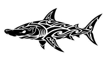 Stylized Tribal Shark Design Illustration in Black and White